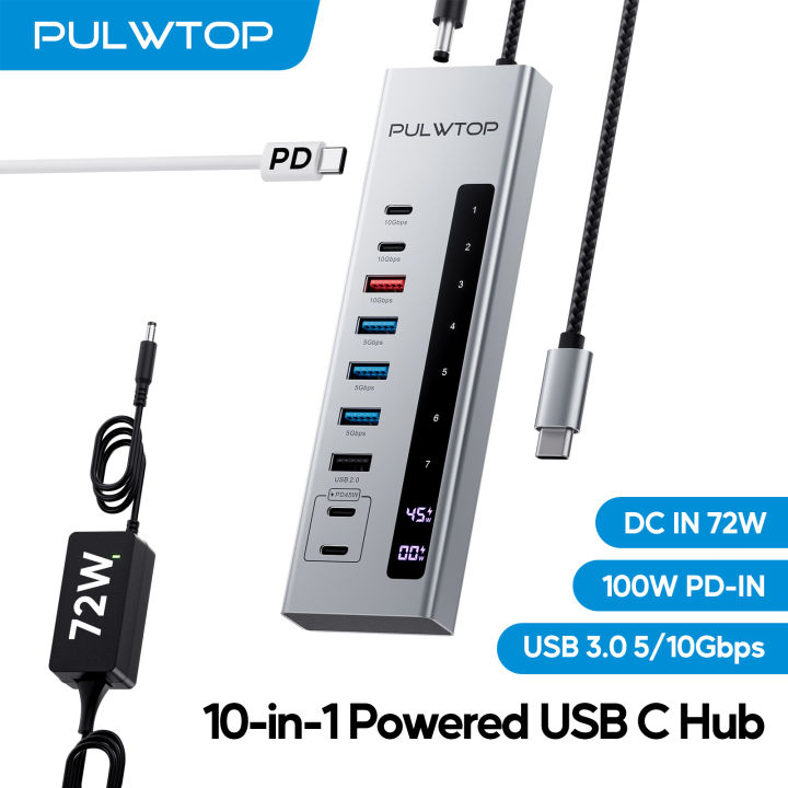 PULWTOP 10-in-1 Powered USB C Hub, USB 3.2 Data Hub with USB A/C 10Gbps,  USBA 5Gbps, 100W PD, 24/45W Type-C Charging Ports