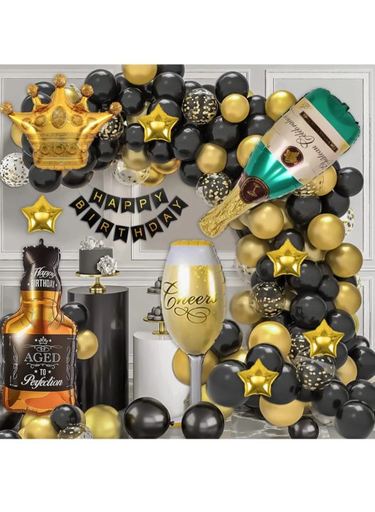 Luxury Birthday Party Decorations with Happy Birthday Banner in Gold Metallic, Black Gold Silver Confetti Balloons Supplies, Crown Beer Foil Balloons for 18th 21th 30th 40th 50th 60th Birthday Party