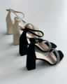 Pearl Rhinestone 3-Inch Block Heels Women’s Fashion Sandal - Faux Suede Bridal, Party, Office Shoes - Black & Beige. 