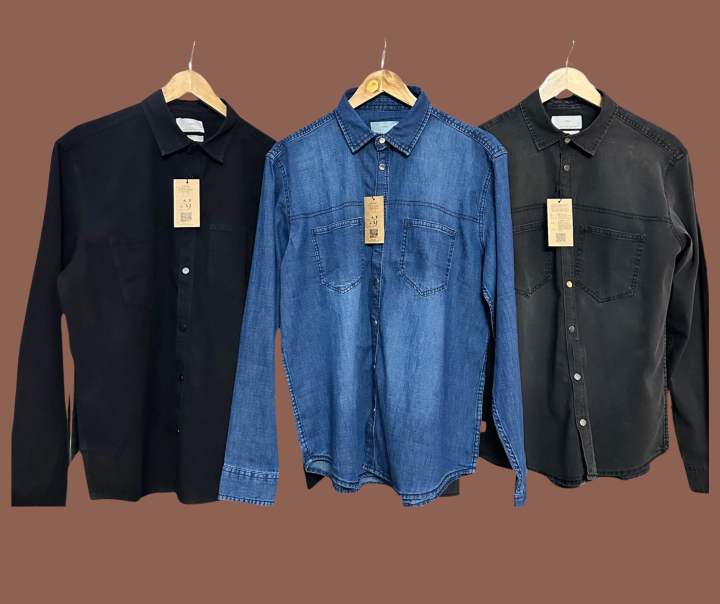 Premium Denim Long Sleeve Men Shirt Classic Fit Classic Blue Slim Fit Casual Button down Top