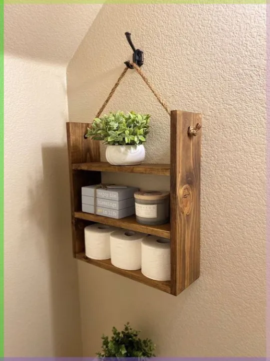 Title for Daraz Listing: Rustic Wall-Mounted Wooden Bathroom Shelf with ...