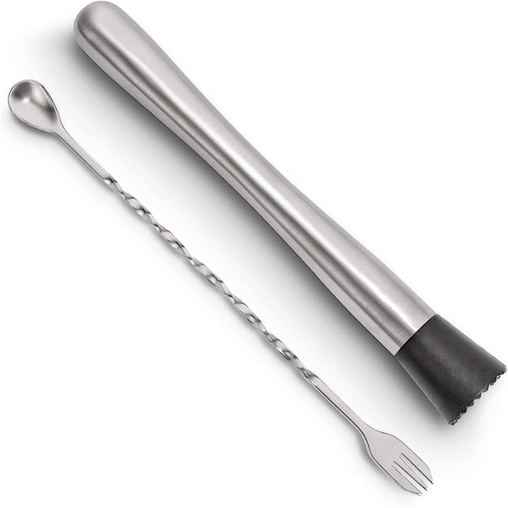 LMETJMA 10 Inch Stainless Steel Cocktail Muddler and Mixing Spoon Professional Bar Cocktail Muddler Set for Mojitos JT201