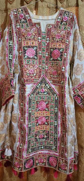 Bridal Balochi dress fully hand embroidered three piece pure banarsi shirt and hijjar with pure chiffon embroidered matha patti dupatta