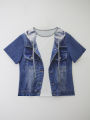 Plus size women's imitation denim casual short sleeved round neck top Western style denim style T-shirt versatile comfortable. 