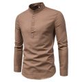 Men's solid color casual slim fitting standing collar long sleeved business shirt shirt. 