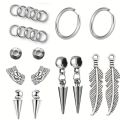 1pair Simple Punk Style Stainless Steel Viking Round Circle Cone Feather Totem Huggie Hoop Earrings for Men Women Ear Jewelry. 