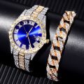 2PCs Fashion Luxury Full Diamond Steel Band Calendar Roman Scale Men's Steel Band Quartz Watch with Diamond Chain Bracelet Set. 