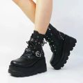 New Women Pu Leather Ankle Booties Woman Autumn Winter Round Toe Lace Up Shoes Woman Motorcycle Platform Gothic Boots Cosplay. 