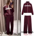 Women Fall Vintage Jacket Set O-Neck Zipper Jacket Elastic Waist Pant 2025 Spring Autumn Fashion High Street Casual Female Set.
