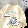 Summer Japanese Cartoon Cute Cat Funny Printed Short-sleeved T-shirt for Ladies and Boys Same Loose Casual Large-size Top.