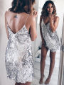 Deep V Neck Autumn Silver Sequined Backless Dress Women Off Shoulder Mini Dress Christmas Party Club Strap Dresses Vestidos.