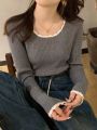 2026 Women Long Sleeve Slim Soft Tops Autumn Winter Square Neck Knitted Pullovers Casual Versatile Color Blocking Sweater.