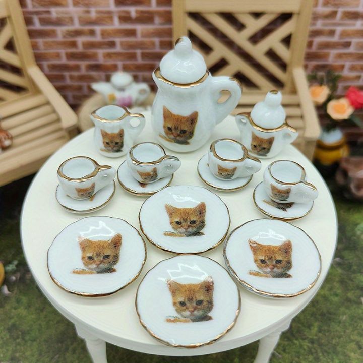 15pcs Set Mini Tea Pot Dish Cups Accessories Mini Ceramic Tableware Micro Fish Tank Landscape Landscaping Ornament