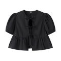 MUJER Ruffle Blouses Woman Puff Sleeve Shirts and Blouses for Women White Black Ruched Crop Top Female Ruched Women's Blouse. 
