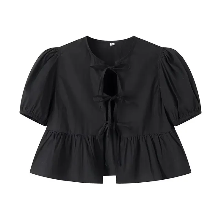 MUJER%20Ruffle%20Blouses%20Woman%20Puff%20Sleeve%20Shirts%20and%20Blouses%20for%20Women%20White%20Black%20Ruched%20Crop%20Top%20Female%20Ruched%20Women's%20Blouse%20-%20Image%205