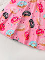 Pink cute donut full print short sleeved round neck girl's dress. 