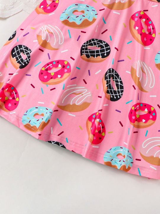 Pink%20cute%20donut%20full%20print%20short%20sleeved%20round%20neck%20girl's%20dress%20-%20Image%205