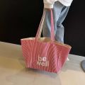 Large Capacity Tote Double-sided New Striped Casual Single Shoulder Textured Embroidered Canvas Bag for Students. 