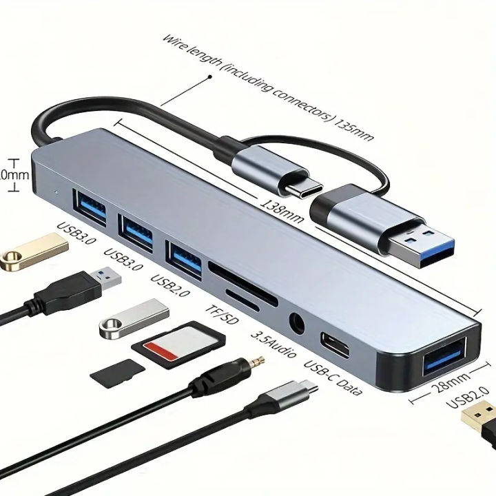 8 in 1 USB Type C HUB Docking Station with 3.5mm Audio Jack Adapter Micro SD TF Card Reader Laptops Tablet Phone Disk Converter