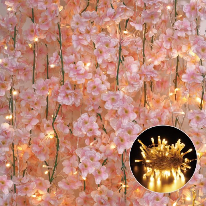 4,6 Pack Pack 11.8Ft Pink Cherry Blossom Flower Garland With 12Ft Lights String Light Hanging Artificial Pink Flower Garland Vines For Bedroom Japanese Cherry Blossom Flowers Decor Spring Floral Garland Decorations For Wedding Garden Arch Wall Home Party.