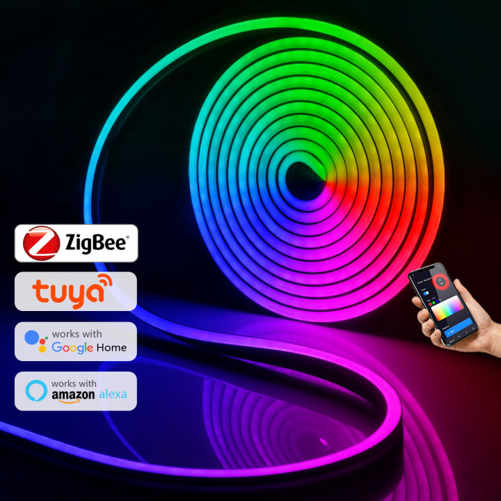 Smartlife/Tuya App Controlled DC12V RGB LED Neon Strip 2/3/5M Zigbee Flexible Neon Tape Lights for Game Room Bedroom Wall Decor lightify