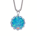 Wave Frame Opal Pendant Necklace,Round Blue Green Opal with Red Fire,White K Plated Floral Jewelry,Dainty Charms Gift for Women. 