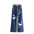 Women’s Blue Butterfly Wide-Leg Denim Jeans Printed and Export Quality. 