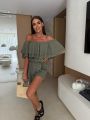 2025 Women's Solid Color Off-shoulder Ruffled Casual Waist Rompers.