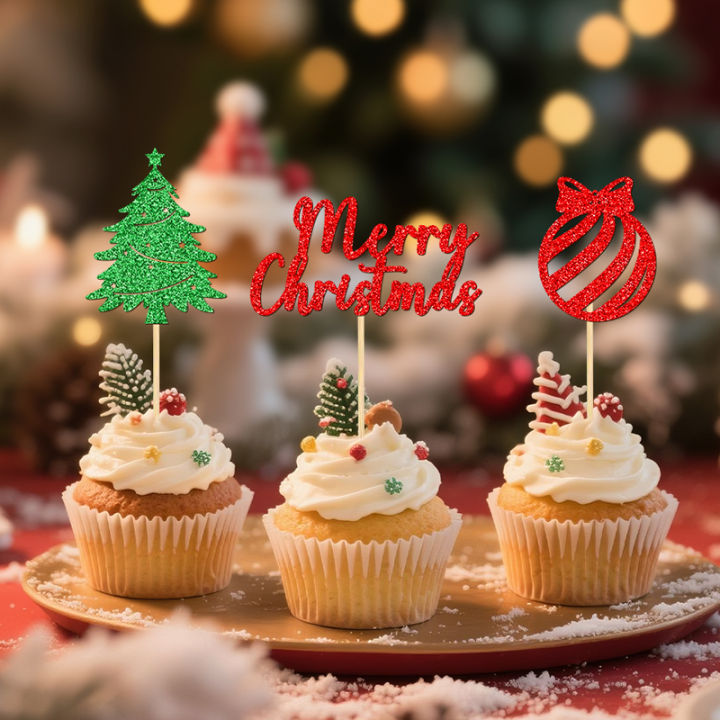 YOMDID 24Pcs Christmas Cake Decorations Holiday Cupcake Toppers for Christmas Cake Toppers Glitter Christmas Decorations
