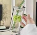 350ML Square Mug with Lids and Straws with Bow Water Cup Household Cup Female Milk Coffee Cups with Pink Handle Gift. 