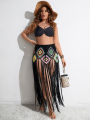Plus Size Cover Ups Crochet Long Fringe Tassel Beach Dress Hollow Out Women Bikini Swimwear Bathing Suit Beachwear Tunics Skirt. 