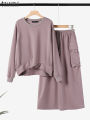 ZANZEA Plus Size Womens Fashion 2 Pieces Sets Long Sleeve Knotted Hem Sweatshirts and Midi Skirts 2pcs Outfits Casual Skirt Sets. 