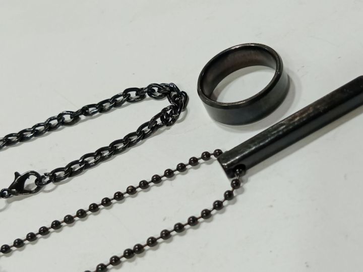 3pcs/%20Locket%20Set%20For%20Men%20Fashion%20Trendy%20Black%203D%20Stainless%20steel%20Bar%20Stick%20Locket%20+Black%20Stainless%20steel%20Silver%20%20Chain%20Braclate%20+Titanium%20Stainless%20steel%20Silver%20Ring%20For%20Men%20Neve%20Fade%20Color%20-%20Image%202