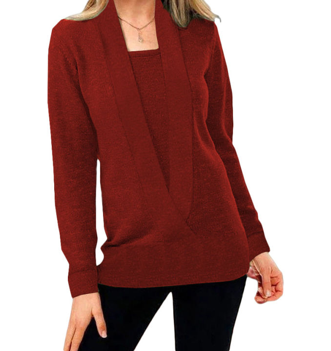 2024%20new%20knitted%20pure%20color%20deep%20V-neck%20long-sleeved%20fake%20two-piece%20sweater%20women's%20jacket%20-%20Image%205