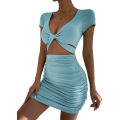 2023 Summer New Sexyt Wrap Hip Dress Party Club Solid midriff-baring Mini Dresses V-neck Short sleeve Bodycon Dress for Women. 
