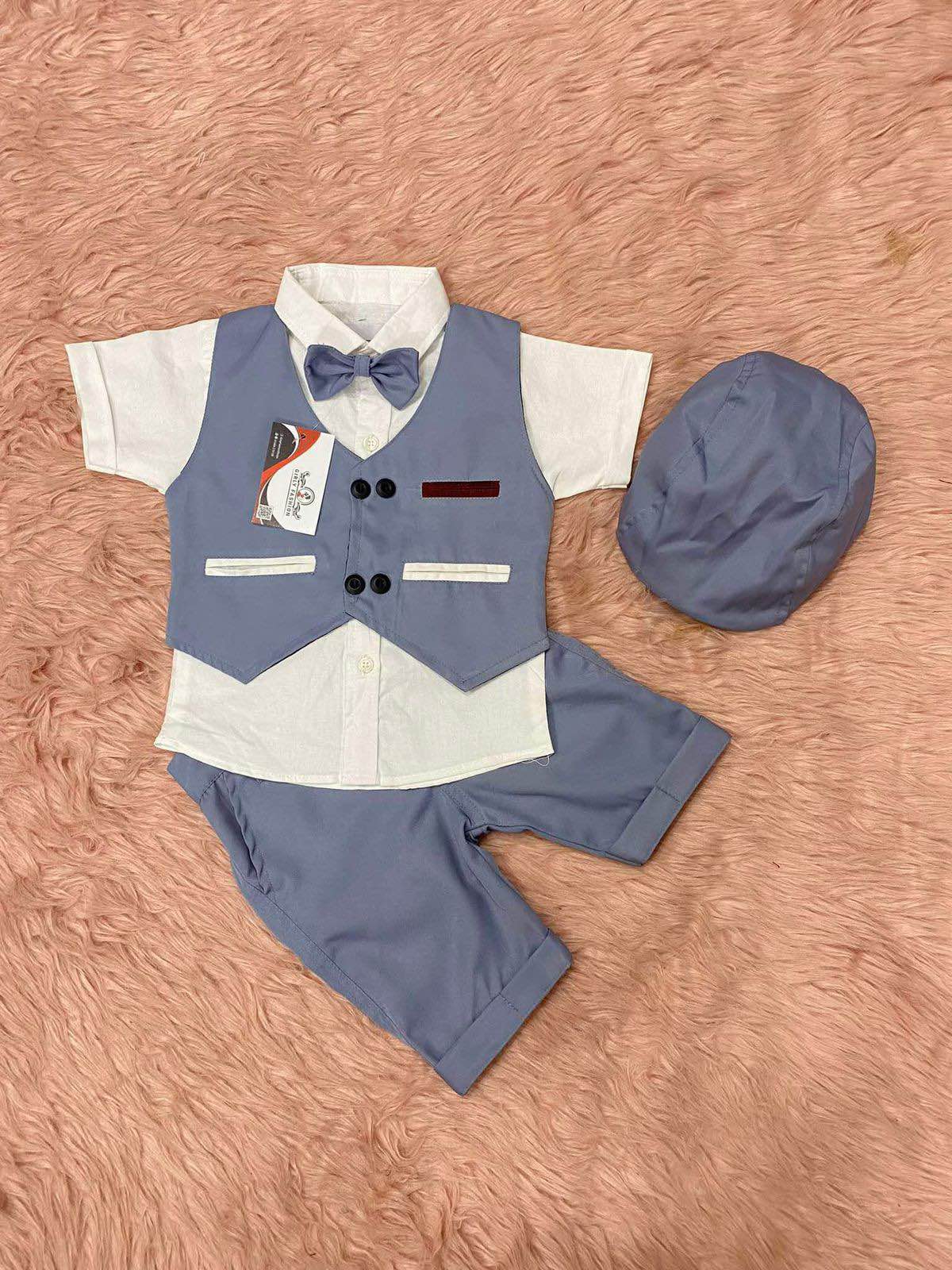 Kids 5 piece party dress set with half shirt , half pant ,vest , cap and bow tie