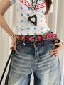 Y2k Dopamine Floral Red Plaid Waist Belt For Women Summer 2025 New Sweet Cool Hot Girl Denim Blue Belt.
