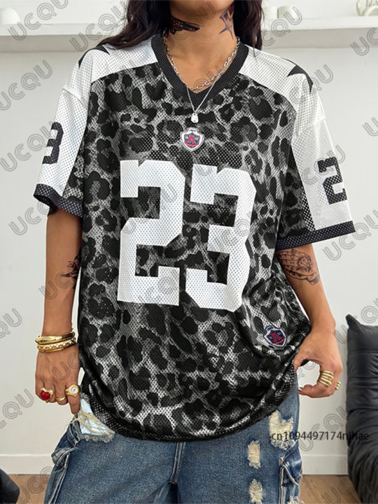 Summer%20New%20Leopard%20No.%2023%20Print%20T-Shirt%20For%20Women%20V-Neck%20Patchwork%20Short%20Sleeve%20Sports%20Football%20Jersey%20Y2K%20Loose%20Oversized%20Tops%20-%20Image%203