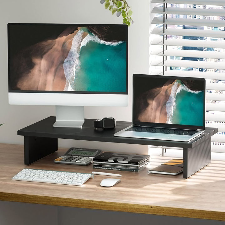 Monitor Stand – Extended Shelf Computer Monitor Riser, Wood Desktop Stand for TV Screen Laptop, Desk Organization, Office Supplies, Black, 5/18