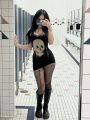 AltGoth Cyber Punk Gothic Dress Women Streetwear Harajuku Skull Printed Sleeveless High Waist Bodycon Dress Grunge Rave Outfits.