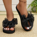 Black Mesh Bowknot Wedge Heel Flip Flops Woman Comfortable Lightweight Clip Toe Beach Slippers Woman Plus Size 43 Vacation Slide.