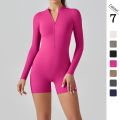 Zipper Tracksuit Set Women Yoga Jumpsuit Stand Collar Half Long Sleeved High Waist Butt Lift Fitness Sports Bodysuit Leggings.