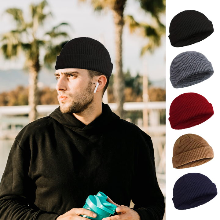 Winter Knitted Hat Warm Outdoor Sport Cold Protection Running Beanie Cap Elastic Thermal Cycling Skull Roll-up Cuffed Cap