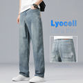 Summer Ultra-thin Lyocell Men's Jeans Drape Soft Fabric Loose Straight Casual Denim Pants Elastic Ice Silk Male Trousers. 