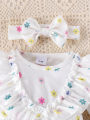 3PCS Autumn New Style 0-1 Year Old Newborn Girl Baby Sweet And Cute Printed Long-Sleeved Clothes + Socks Hair Bands. 