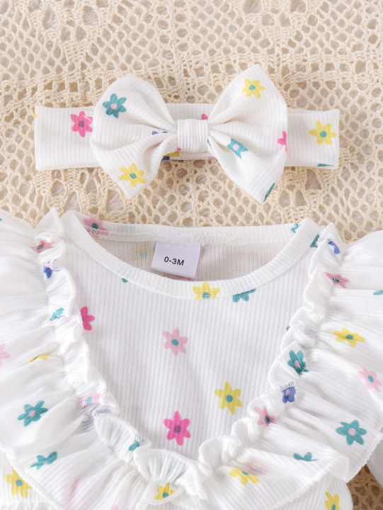 3PCS%20Autumn%20New%20Style%200-1%20Year%20Old%20Newborn%20Girl%20Baby%20Sweet%20And%20Cute%20Printed%20Long-Sleeved%20Clothes%20+%20Socks%20Hair%20Bands%20-%20Image%204