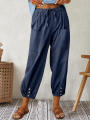 Patched Pockets Button Front Crop Pants, Casual Loose Pants For Spring & Summer, Women's Clothing. 