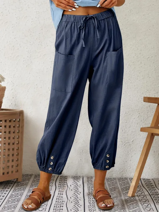 Patched%20Pockets%20Button%20Front%20Crop%20Pants,%20Casual%20Loose%20Pants%20For%20Spring%20&%20Summer,%20Women's%20Clothing%20-%20Image%202