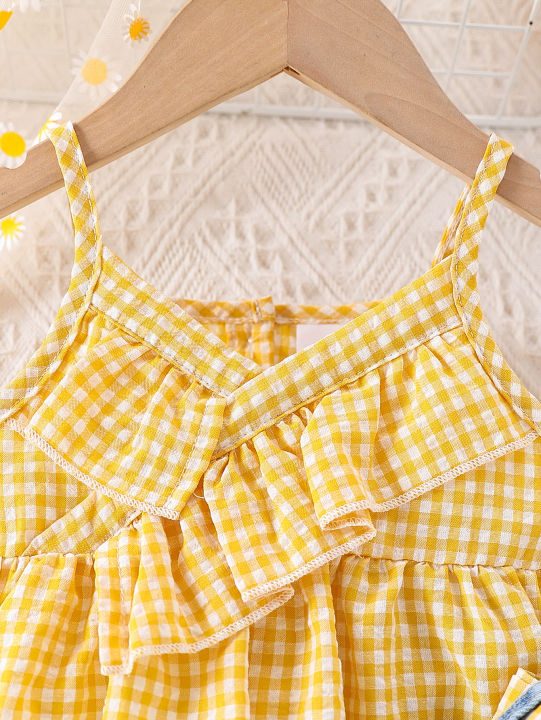 Summer%20Baby%20Girls%20Clothing%20Set%20&%20Denim%20Shorts%20Set%202-6Y%20%7C%20Yellow%20Plaid%20Ruffled%20Cami,%20Distressed%20Denim%20with%20Bow%20%7C%20Soft%20Breathable%20-%20Image%203