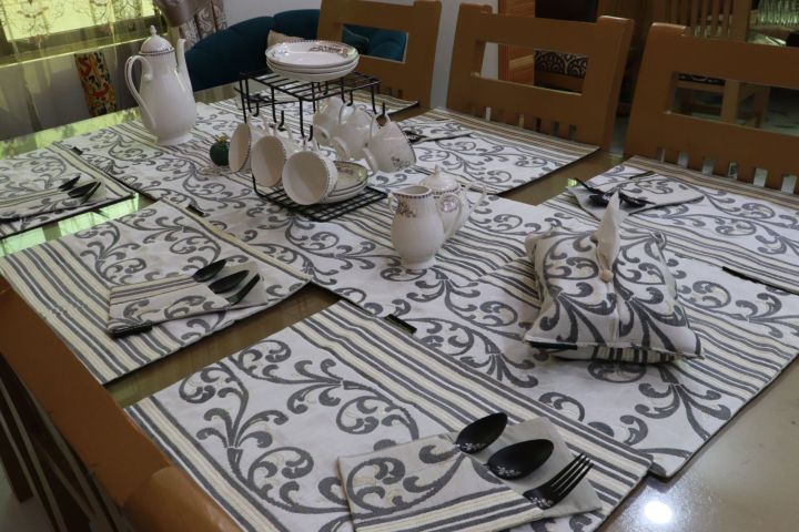 Ivory%20Scroll%20Work%20Dining%20Table%20set%20Table%20Runner%20Table%20Mats%20Tissue%20box%20cover%20and%20cutlery%20Holder%20Dining%20Table%20set%20for%208%20-%20Image%204
